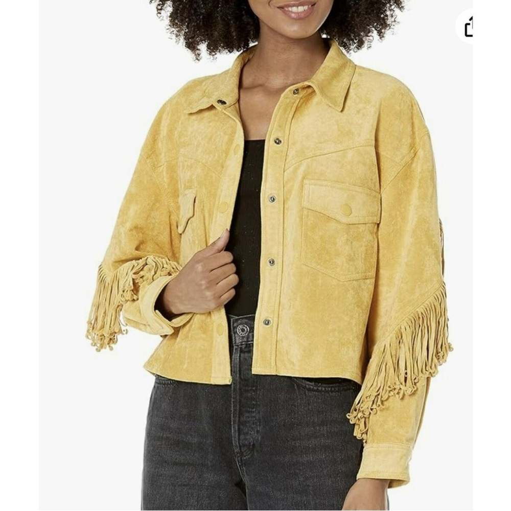Free People x Blank NYC Faux Suede Fringe Jacket in yellow size XS